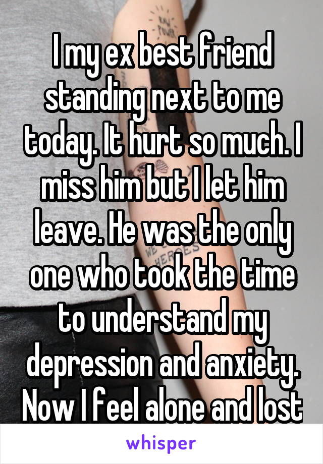 I my ex best friend standing next to me today. It hurt so much. I miss him but I let him leave. He was the only one who took the time to understand my depression and anxiety. Now I feel alone and lost
