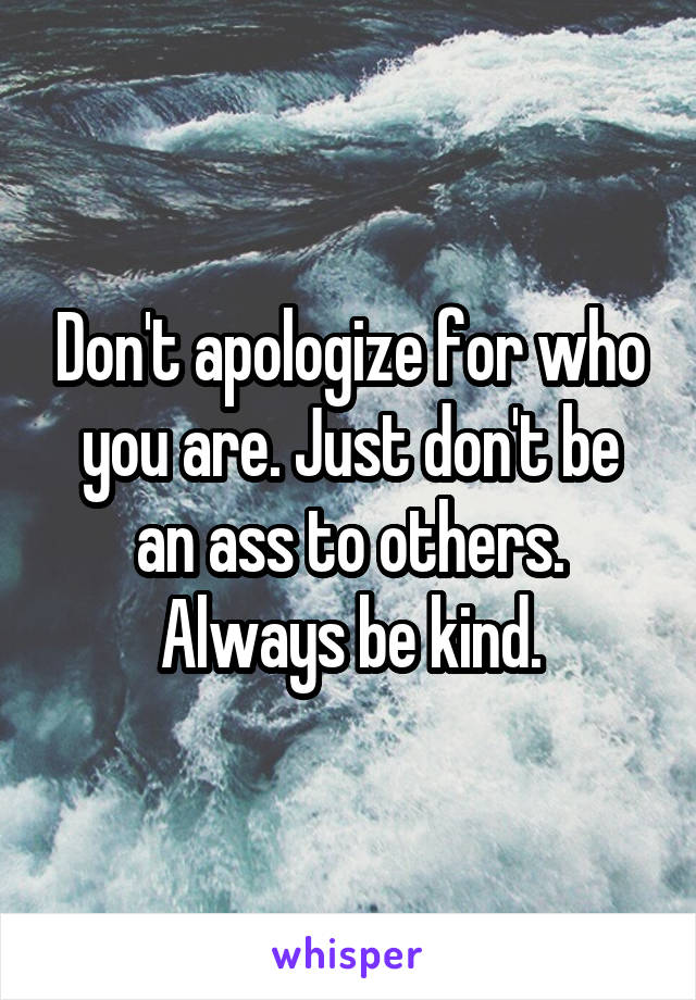 Don't apologize for who you are. Just don't be an ass to others. Always be kind.