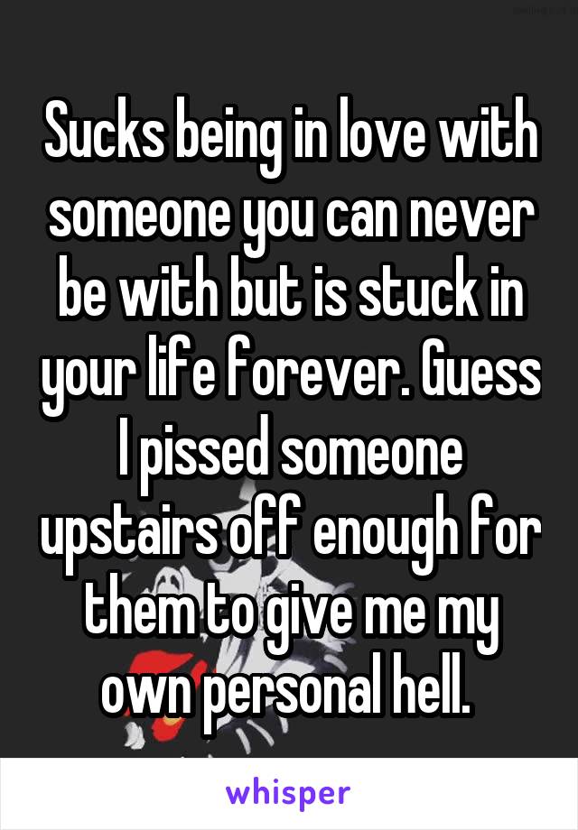 Sucks being in love with someone you can never be with but is stuck in your life forever. Guess I pissed someone upstairs off enough for them to give me my own personal hell. 
