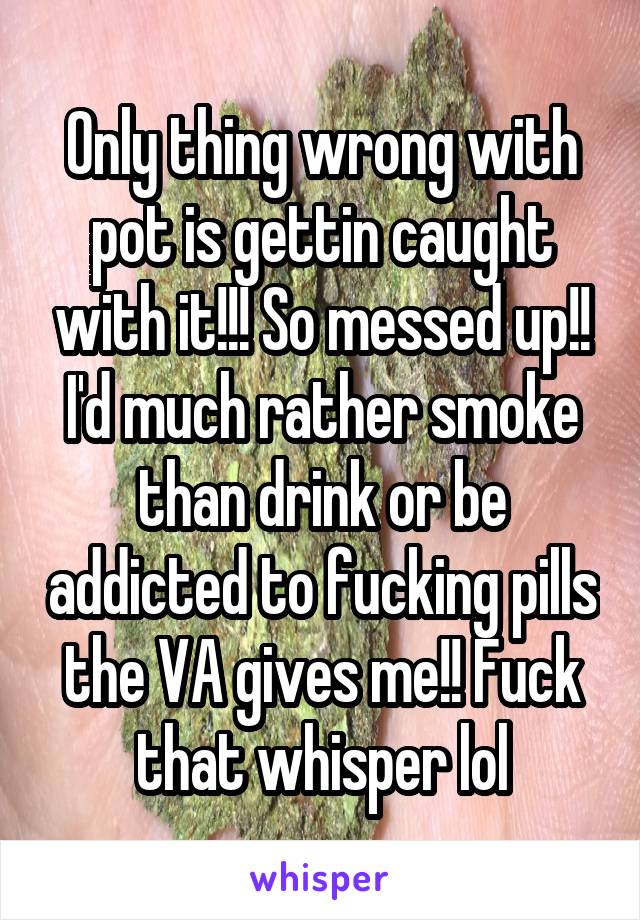 Only thing wrong with pot is gettin caught with it!!! So messed up!! I'd much rather smoke than drink or be addicted to fucking pills the VA gives me!! Fuck that whisper lol
