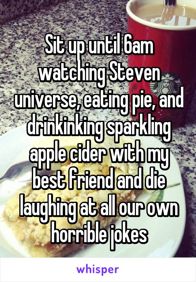 Sit up until 6am watching Steven universe, eating pie, and drinkinking sparkling apple cider with my best friend and die laughing at all our own horrible jokes