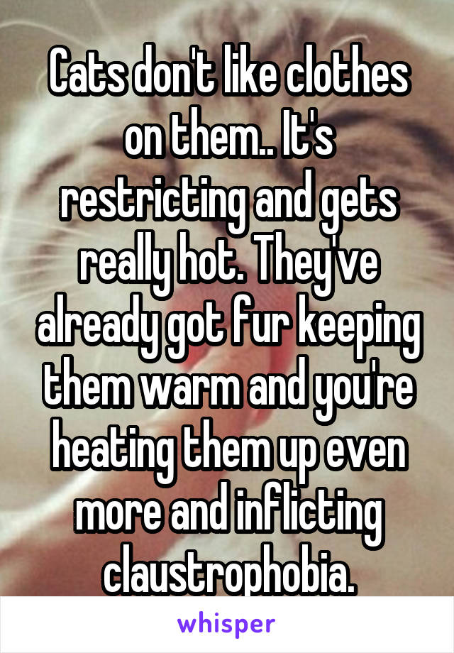 Cats don't like clothes on them.. It's restricting and gets really hot. They've already got fur keeping them warm and you're heating them up even more and inflicting claustrophobia.