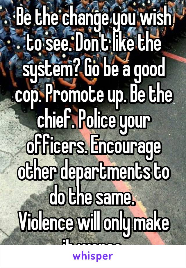 Be the change you wish to see. Don't like the system? Go be a good cop. Promote up. Be the chief. Police your officers. Encourage other departments to do the same. 
Violence will only make it worse.