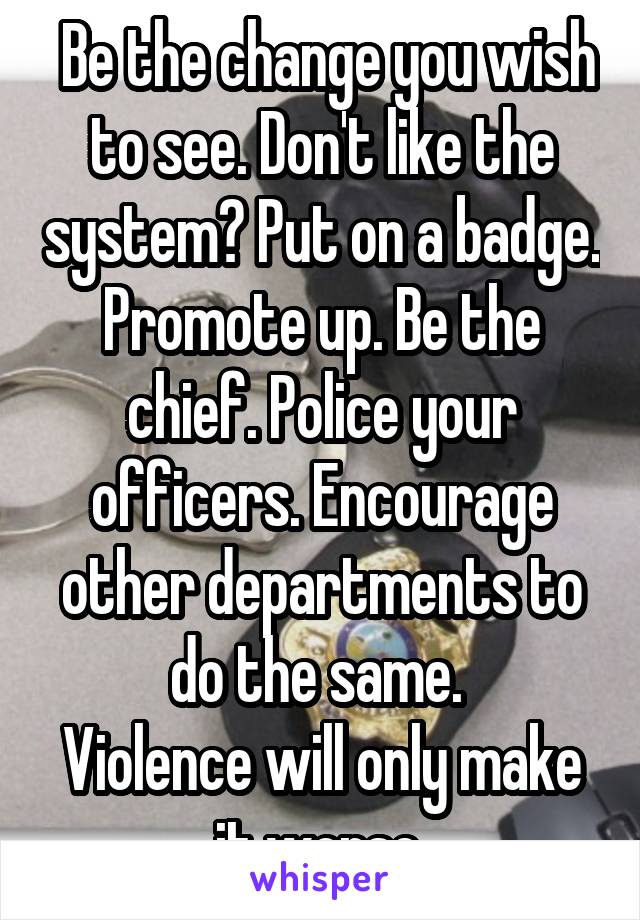  Be the change you wish to see. Don't like the system? Put on a badge. Promote up. Be the chief. Police your officers. Encourage other departments to do the same. 
Violence will only make it worse.