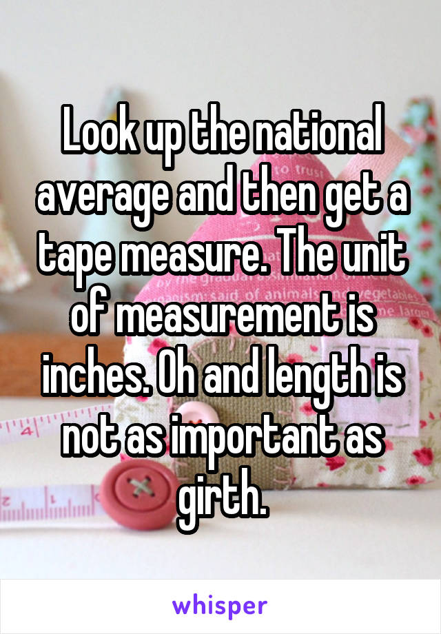 Look up the national average and then get a tape measure. The unit of measurement is inches. Oh and length is not as important as girth.