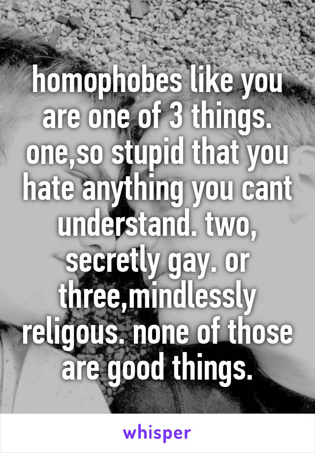 homophobes like you are one of 3 things. one,so stupid that you hate anything you cant understand. two, secretly gay. or three,mindlessly religous. none of those are good things.