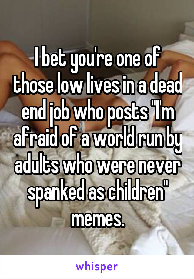 I bet you're one of those low lives in a dead end job who posts "I'm afraid of a world run by adults who were never spanked as children" memes.