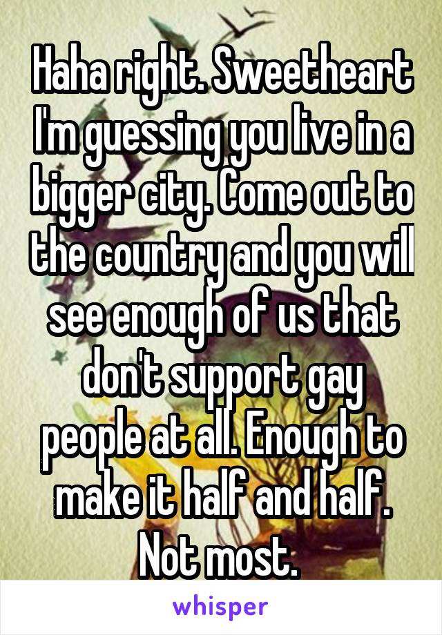 Haha right. Sweetheart I'm guessing you live in a bigger city. Come out to the country and you will see enough of us that don't support gay people at all. Enough to make it half and half. Not most. 