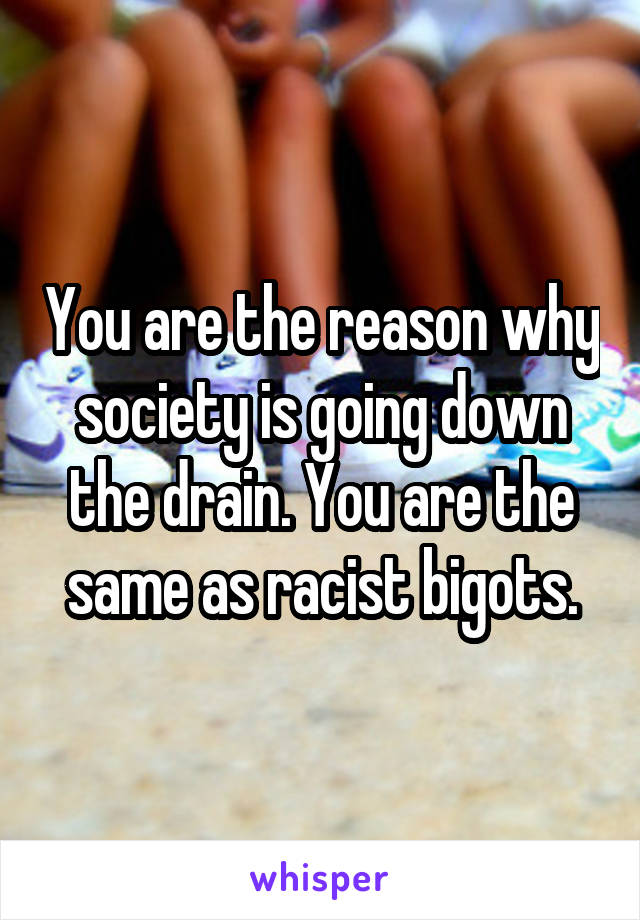 You are the reason why society is going down the drain. You are the same as racist bigots.