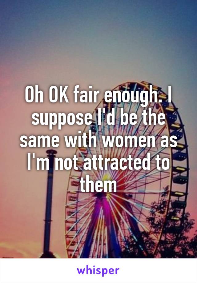 Oh OK fair enough. I suppose I'd be the same with women as I'm not attracted to them