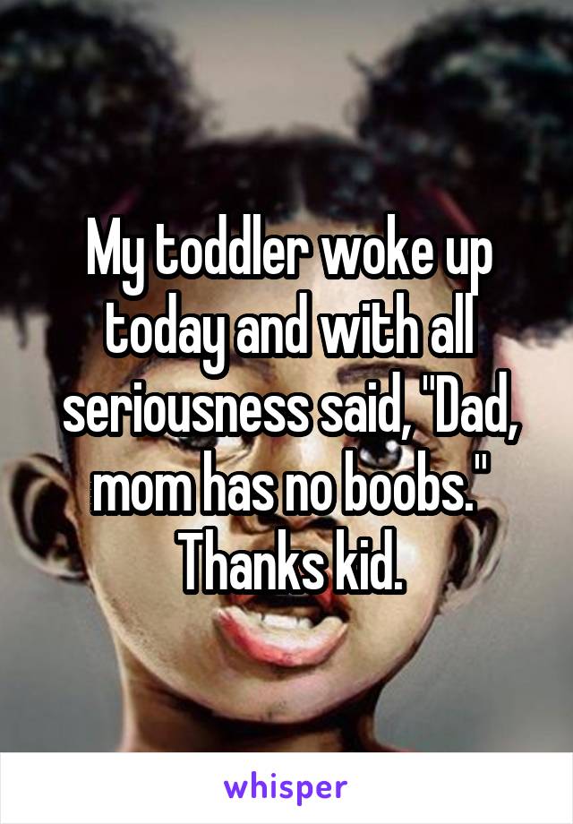 My toddler woke up today and with all seriousness said, "Dad, mom has no boobs."
Thanks kid.