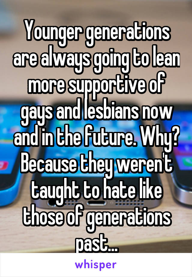 Younger generations are always going to lean more supportive of gays and lesbians now and in the future. Why? Because they weren't taught to hate like those of generations past...