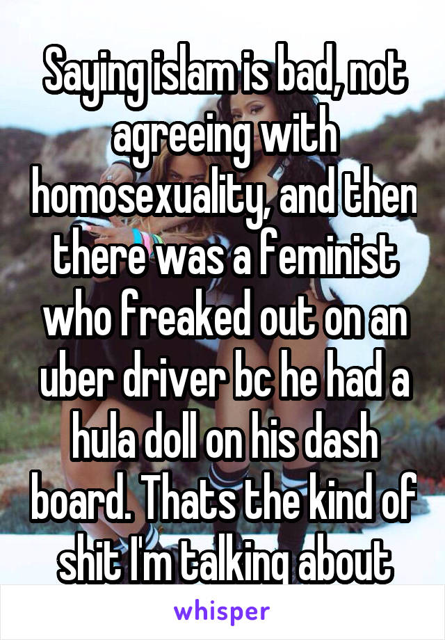 Saying islam is bad, not agreeing with homosexuality, and then there was a feminist who freaked out on an uber driver bc he had a hula doll on his dash board. Thats the kind of shit I'm talking about