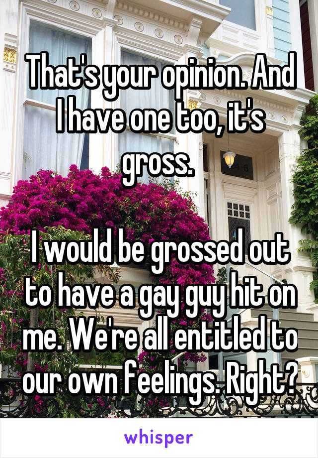 That's your opinion. And I have one too, it's gross. 

I would be grossed out to have a gay guy hit on me. We're all entitled to our own feelings. Right?