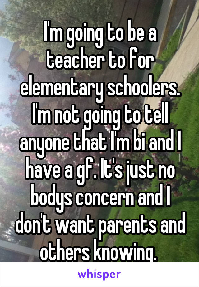 I'm going to be a teacher to for elementary schoolers. I'm not going to tell anyone that I'm bi and I have a gf. It's just no bodys concern and I don't want parents and others knowing. 