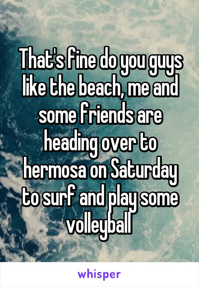 That's fine do you guys like the beach, me and some friends are heading over to hermosa on Saturday to surf and play some volleyball 