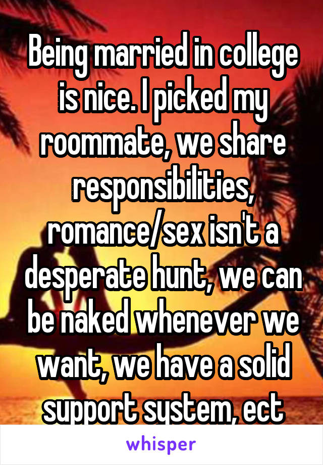 Being married in college is nice. I picked my roommate, we share responsibilities, romance/sex isn't a desperate hunt, we can be naked whenever we want, we have a solid support system, ect