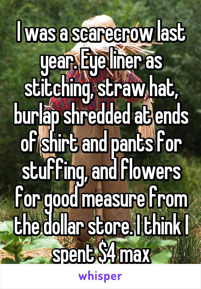 I was a scarecrow last year. Eye liner as stitching, straw hat, burlap shredded at ends of shirt and pants for stuffing, and flowers for good measure from the dollar store. I think I spent $4 max