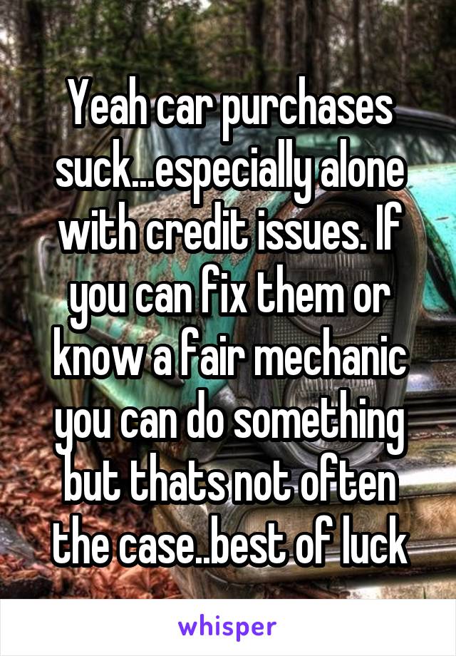 Yeah car purchases suck...especially alone with credit issues. If you can fix them or know a fair mechanic you can do something but thats not often the case..best of luck