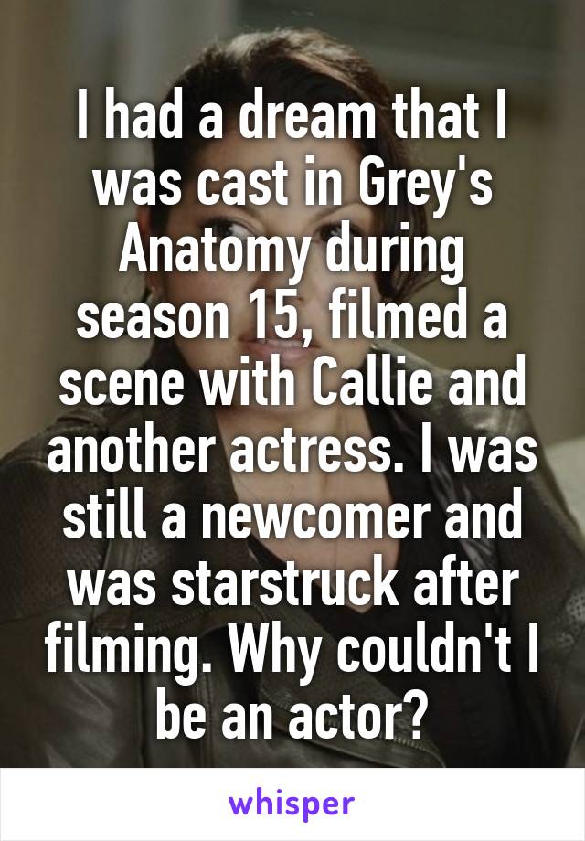 I had a dream that I was cast in Grey's Anatomy during season 15, filmed a scene with Callie and another actress. I was still a newcomer and was starstruck after filming. Why couldn't I be an actor?