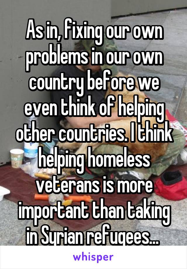 As in, fixing our own problems in our own country before we even think of helping other countries. I think helping homeless veterans is more important than taking in Syrian refugees... 