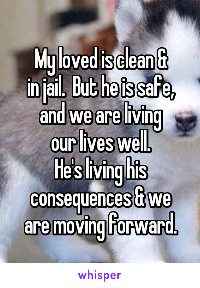 My loved is clean &
in jail.  But he is safe,
and we are living
our lives well.
He's living his
consequences & we
are moving forward.