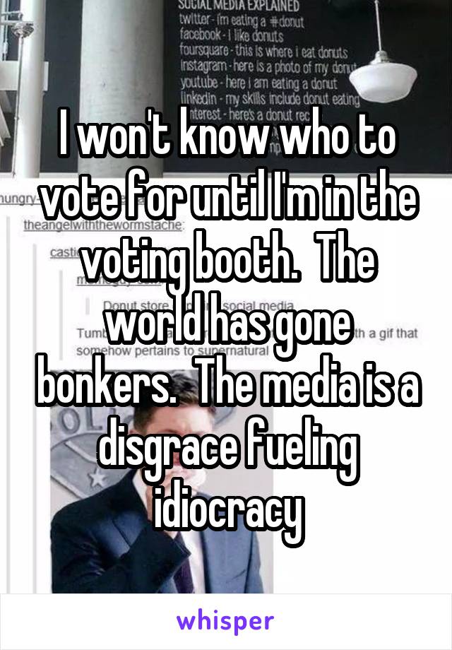 I won't know who to vote for until I'm in the voting booth.  The world has gone bonkers.  The media is a disgrace fueling idiocracy