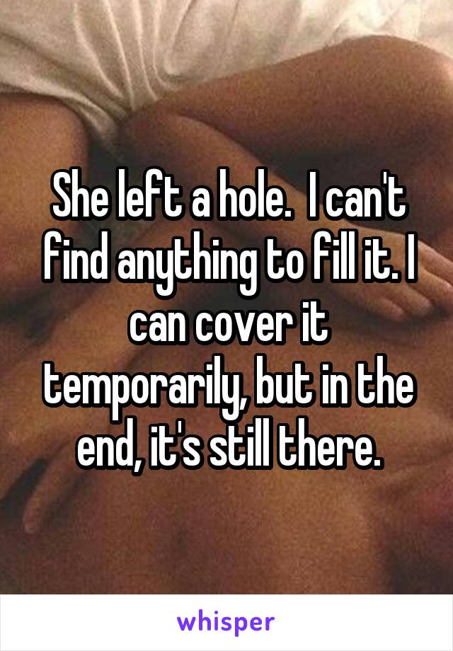She left a hole.  I can't find anything to fill it. I can cover it temporarily, but in the end, it's still there.