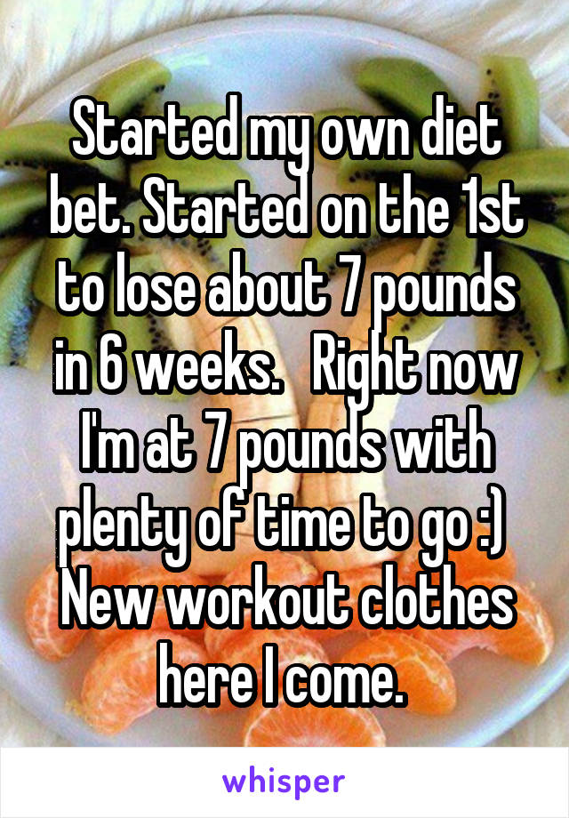 Started my own diet bet. Started on the 1st to lose about 7 pounds in 6 weeks.   Right now I'm at 7 pounds with plenty of time to go :) 
New workout clothes here I come. 