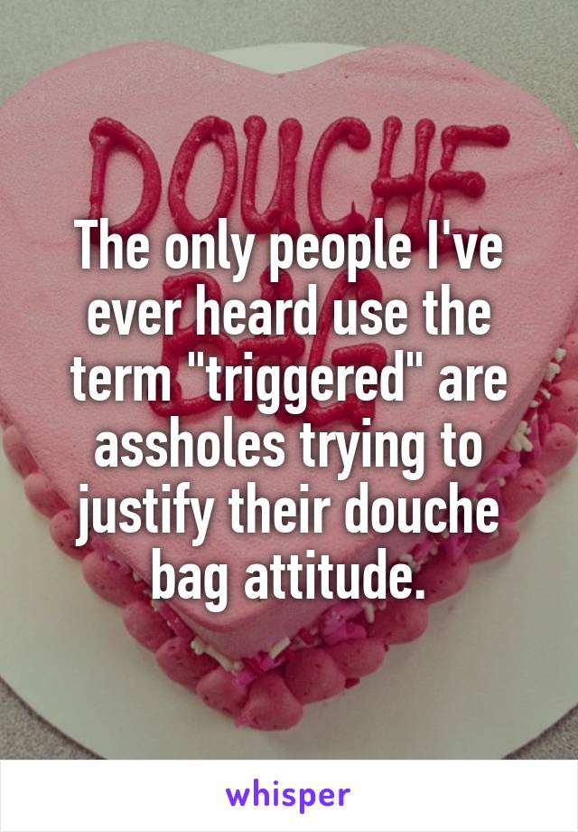 The only people I've ever heard use the term "triggered" are assholes trying to justify their douche bag attitude.