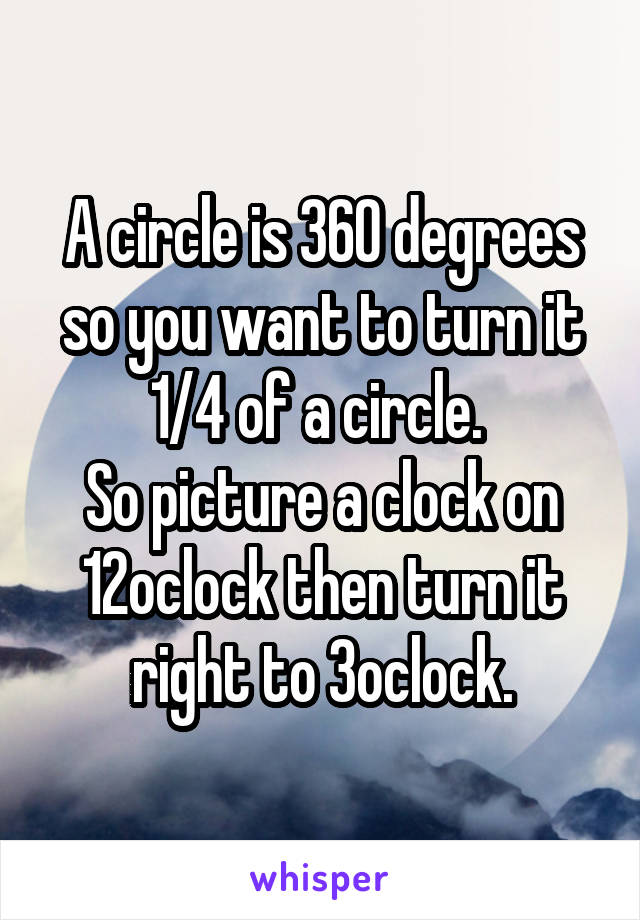 A circle is 360 degrees so you want to turn it 1/4 of a circle. 
So picture a clock on 12oclock then turn it right to 3oclock.