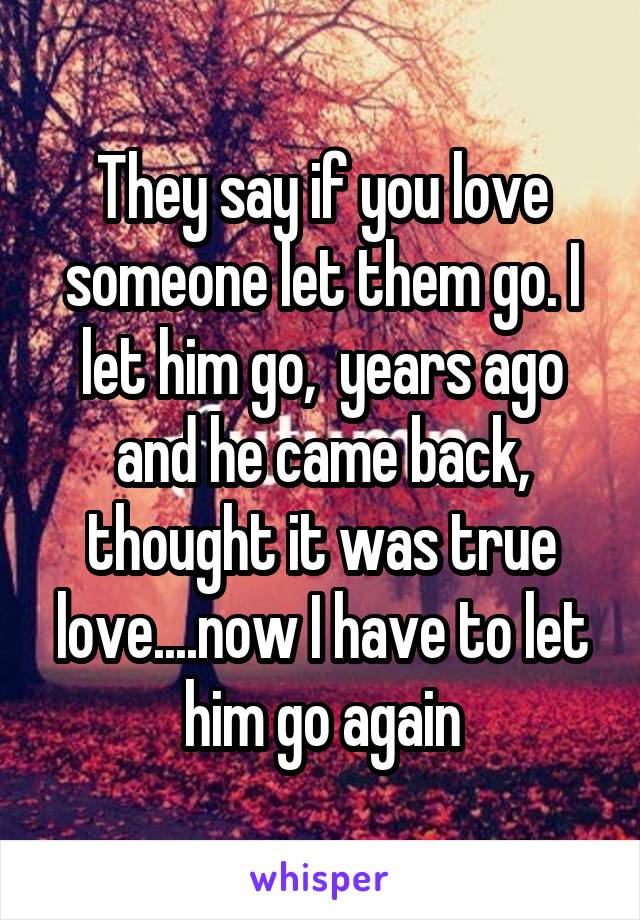 They say if you love someone let them go. I let him go,  years ago and he came back, thought it was true love....now I have to let him go again
