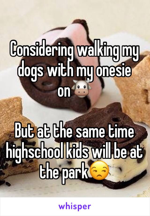Considering walking my dogs with my onesie on🐮 

But at the same time highschool kids will be at the park😒