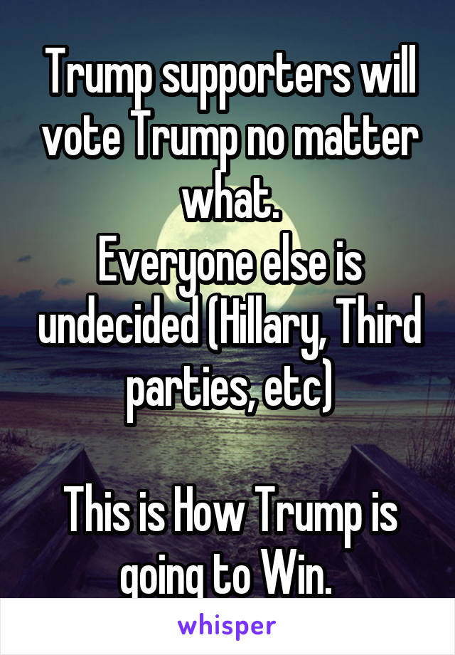 Trump supporters will vote Trump no matter what.
Everyone else is undecided (Hillary, Third parties, etc)

This is How Trump is going to Win. 