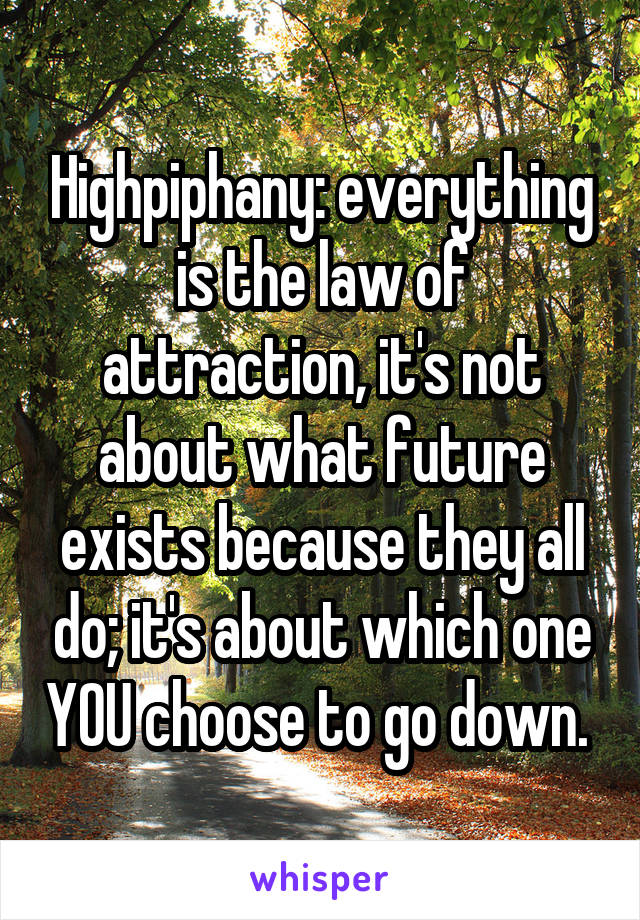 Highpiphany: everything is the law of attraction, it's not about what future exists because they all do; it's about which one YOU choose to go down. 