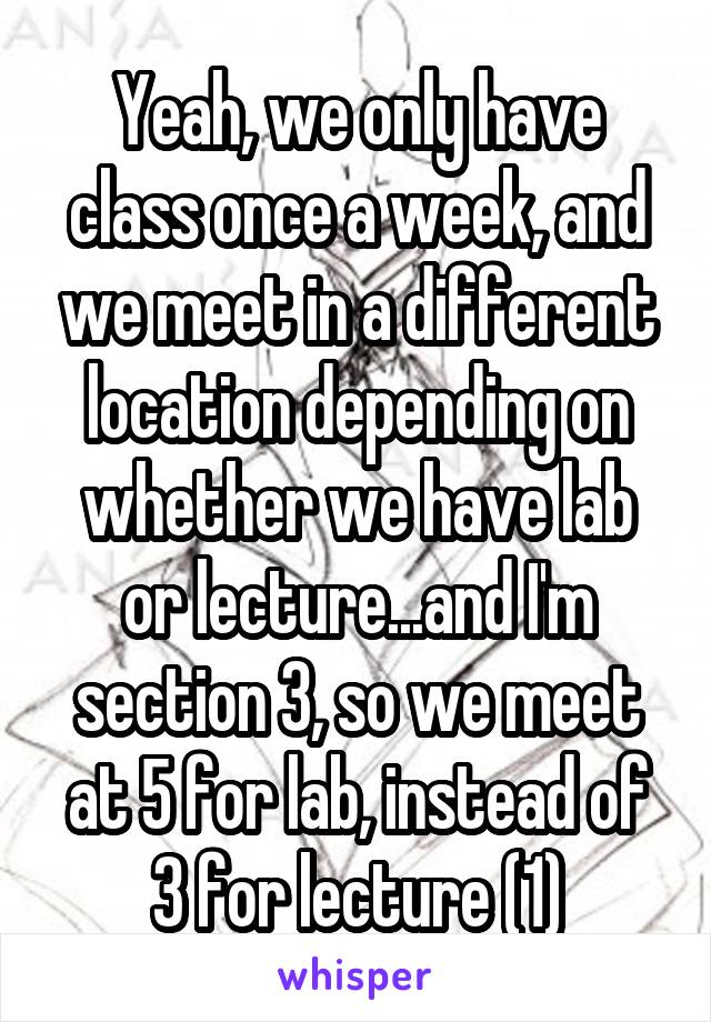 Yeah, we only have class once a week, and we meet in a different location depending on whether we have lab or lecture...and I'm section 3, so we meet at 5 for lab, instead of 3 for lecture (1)