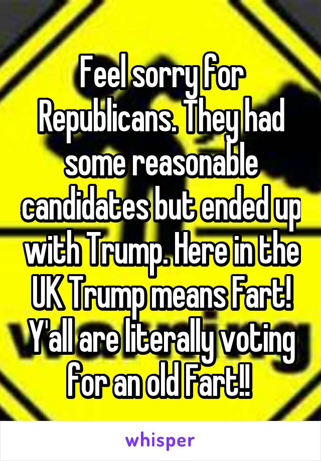 Feel sorry for Republicans. They had some reasonable candidates but ended up with Trump. Here in the UK Trump means Fart! Y'all are literally voting for an old Fart!! 