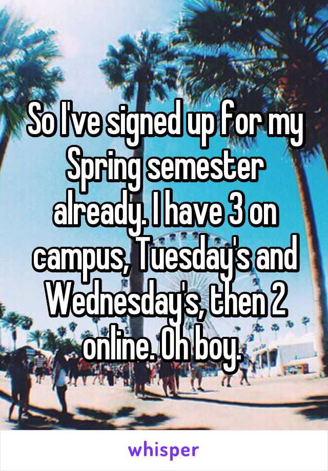 So I've signed up for my Spring semester already. I have 3 on campus, Tuesday's and Wednesday's, then 2 online. Oh boy. 