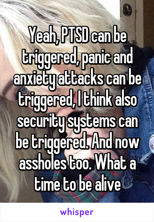 Yeah, PTSD can be triggered, panic and anxiety attacks can be triggered, I think also security systems can be triggered. And now assholes too. What a time to be alive