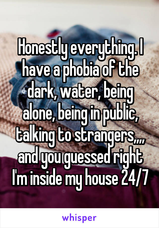 Honestly everything. I have a phobia of the dark, water, being alone, being in public, talking to strangers,,,, and you guessed right I'm inside my house 24/7