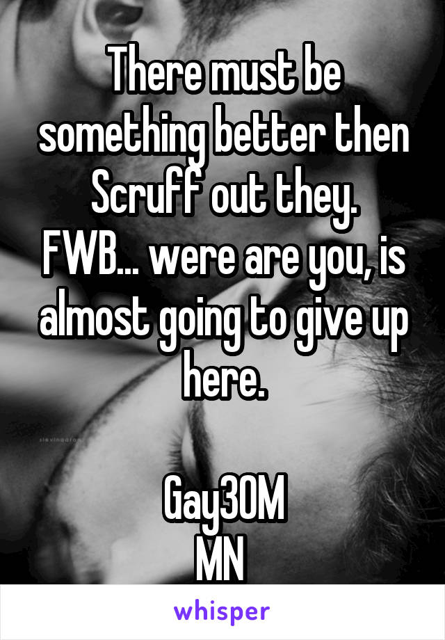 There must be something better then Scruff out they.
FWB... were are you, is almost going to give up here.

Gay30M
MN 