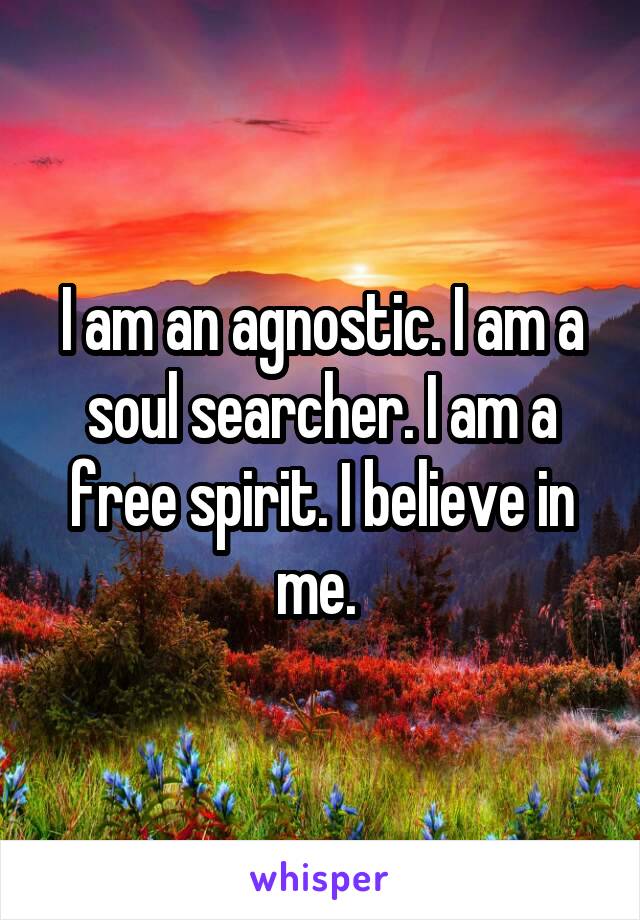 I am an agnostic. I am a soul searcher. I am a free spirit. I believe in me. 
