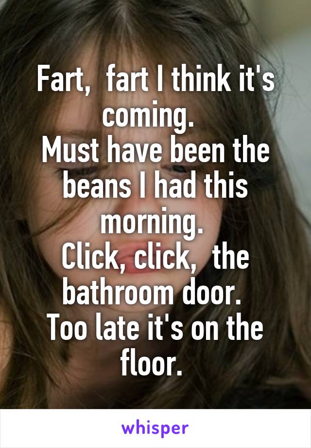 Fart,  fart I think it's coming.  
Must have been the beans I had this morning. 
Click, click,  the bathroom door. 
Too late it's on the floor. 