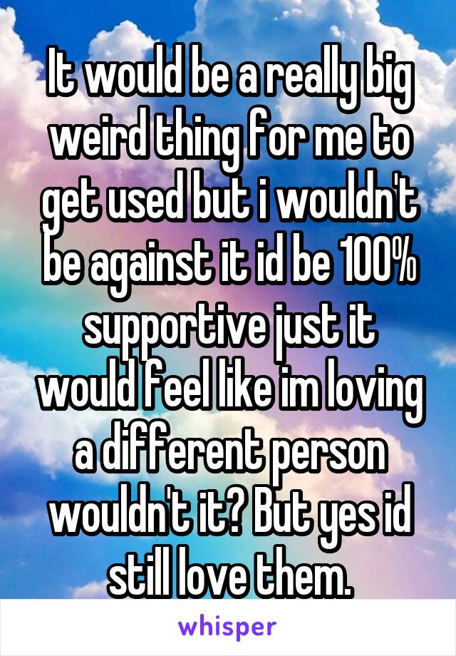 It would be a really big weird thing for me to get used but i wouldn't be against it id be 100% supportive just it would feel like im loving a different person wouldn't it? But yes id still love them.