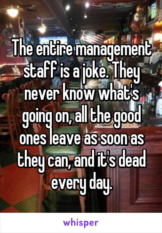 The entire management staff is a joke. They never know what's going on, all the good ones leave as soon as they can, and it's dead every day.