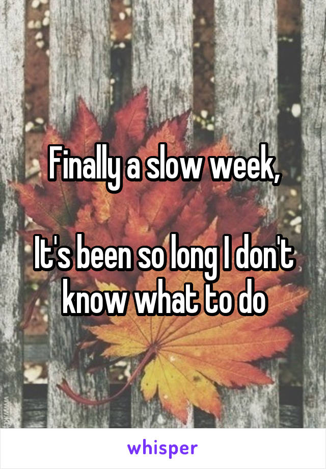 Finally a slow week,

It's been so long I don't know what to do