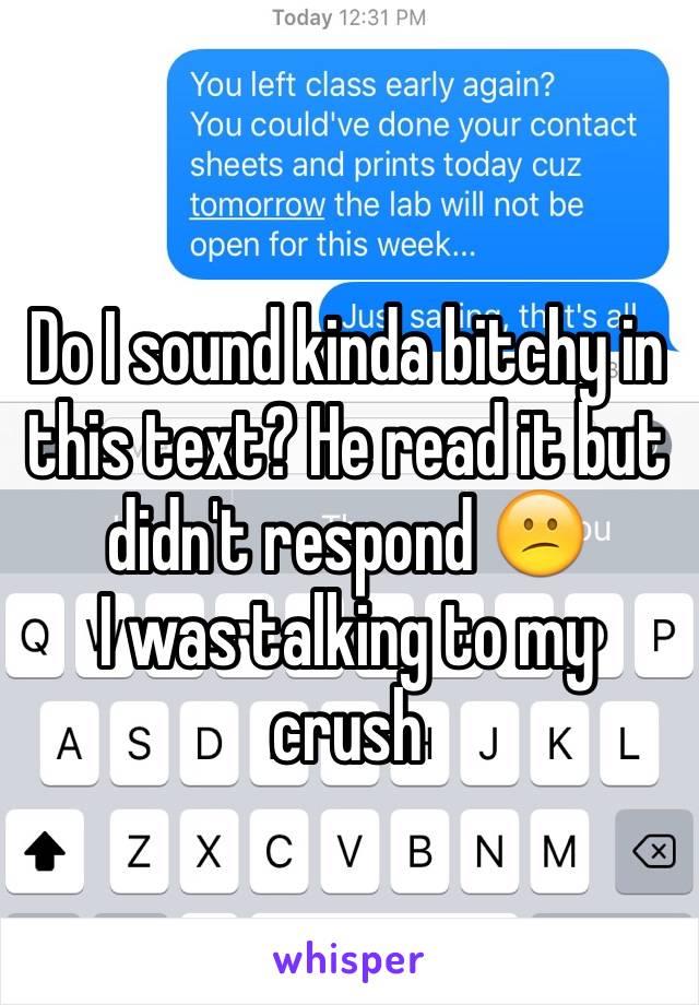 Do I sound kinda bitchy in this text? He read it but didn't respond 😕
I was talking to my crush