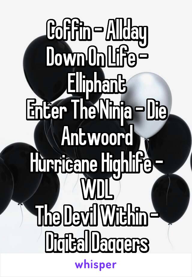 Coffin - Allday
Down On Life - Elliphant
Enter The Ninja - Die Antwoord
Hurricane Highlife - WDL
The Devil Within - Digital Daggers