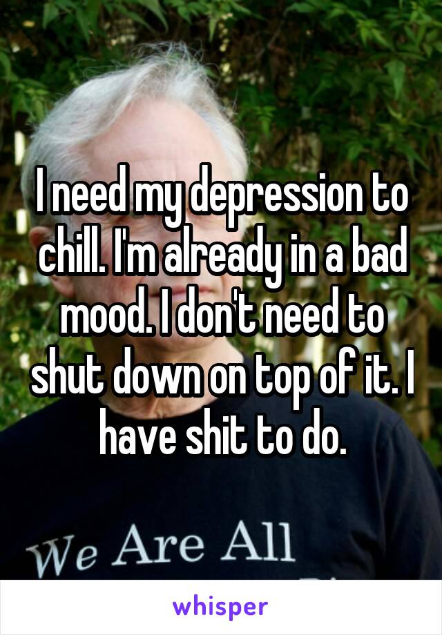 I need my depression to chill. I'm already in a bad mood. I don't need to shut down on top of it. I have shit to do.
