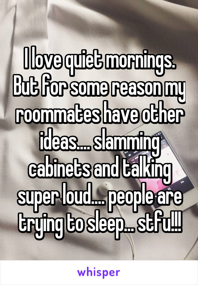 I love quiet mornings. But for some reason my roommates have other ideas.... slamming cabinets and talking super loud.... people are trying to sleep... stfu!!!